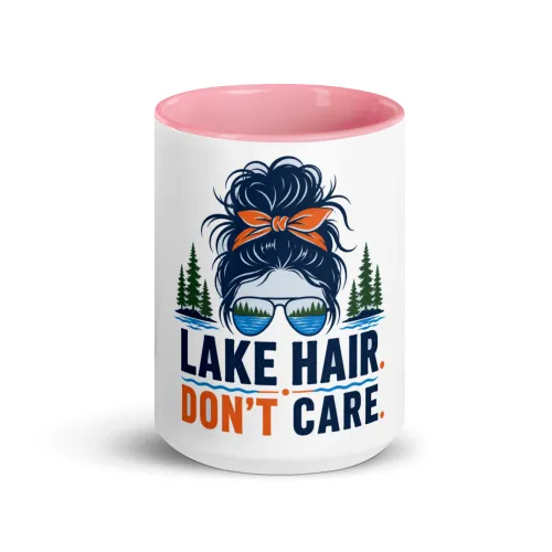 Color Inside Boat Mug, Lake Hair. Don't Care., Bold Emblem - 15 oz - Pink