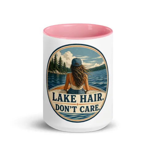 Color Inside Boat Mug, Lake Hair. Don't Care., Vintage Badge - 15 oz - Pink