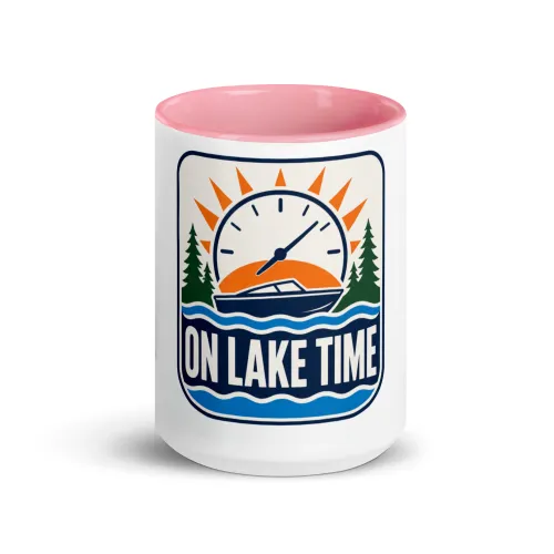 Color Inside Boat Mug, On Lake Time, Bold Emblem - 15 oz - Pink