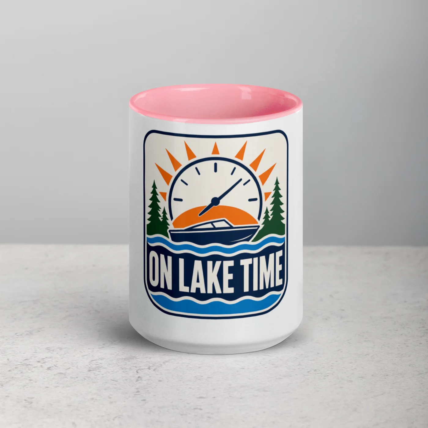 Color Inside Boat Mug, On Lake Time, Bold Emblem
