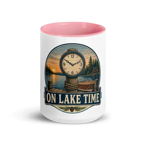 Color Inside Boat Mug, On Lake Time, Vintage Badge - 15 oz - Pink