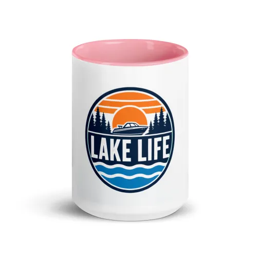Color Inside Boat Mug, Lake Life, Bold Emblem - 15 oz - Pink