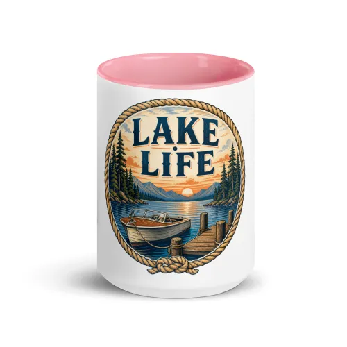 Color Inside Boat Mug, Lake Life, Vintage Badge - 15 oz - Pink