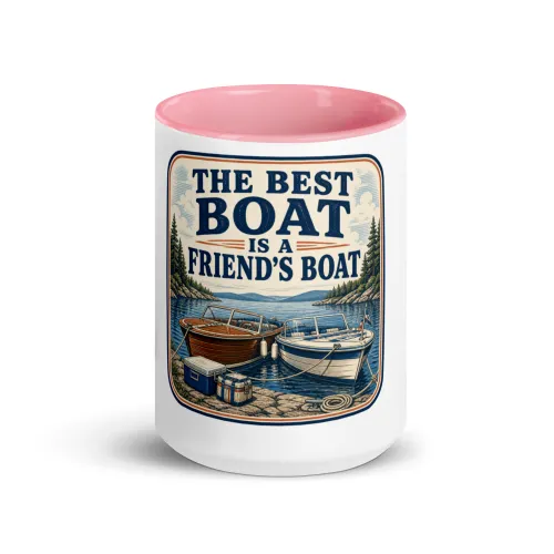 Color Inside Boat Mug, The Best Boat Is a Friend's Boat, Vintage Badge - 15 oz - Pink