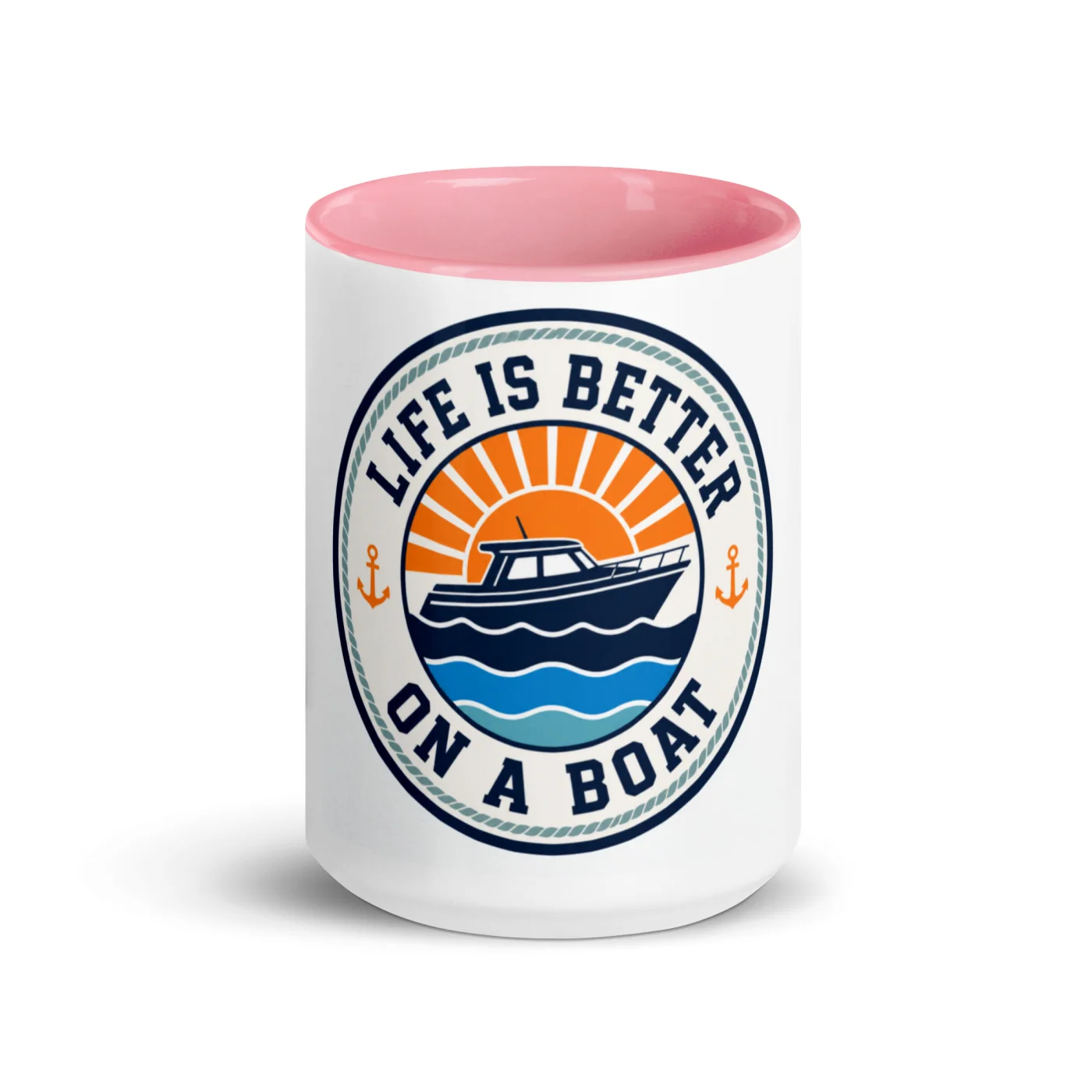 Color Inside Boat Mug, Life Is Better on a Boat, Bold Emblem