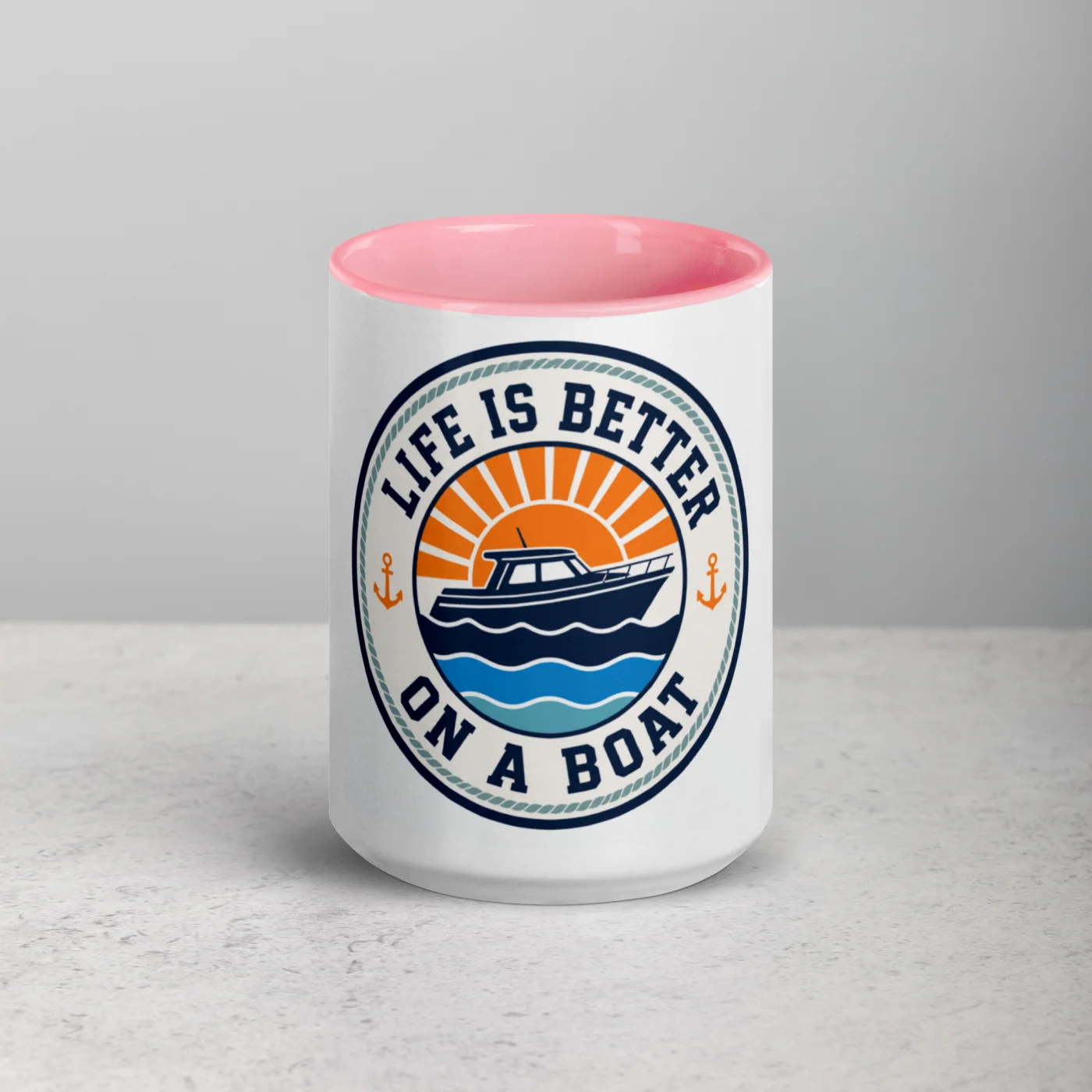 Color Inside Boat Mug, Life Is Better on a Boat, Bold Emblem