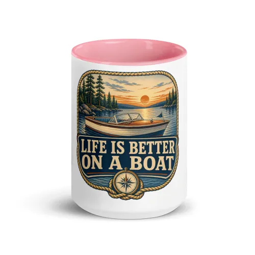 Color Inside Boat Mug, Life Is Better on a Boat, Vintage Badge - 15 oz - Pink