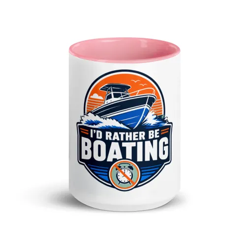 Color Inside Boat Mug, I'd Rather Be Boating, Bold Emblem - 15 oz - Pink