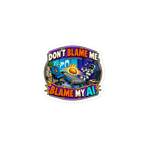 Don't Blame Me. Blame My AI. - Funny AI Vinyl Sticker, Design B - 3″×3″ - White