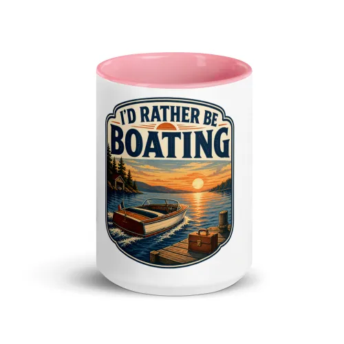 Color Inside Boat Mug, I'd Rather Be Boating, Vintage Badge - 15 oz - Pink