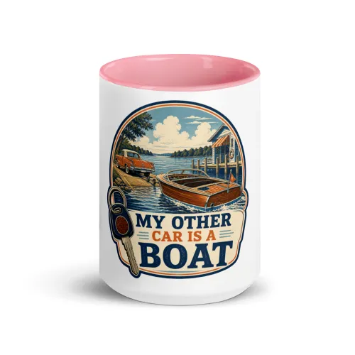 Color Inside Boat Mug, My Other Car Is a Boat, Vintage Badge - 15 oz - Pink