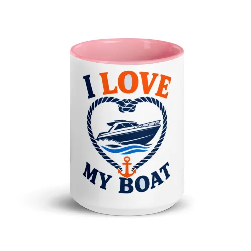 Color Inside Boat Mug, I Love My Boat, Bold Emblem - 15 oz - Pink