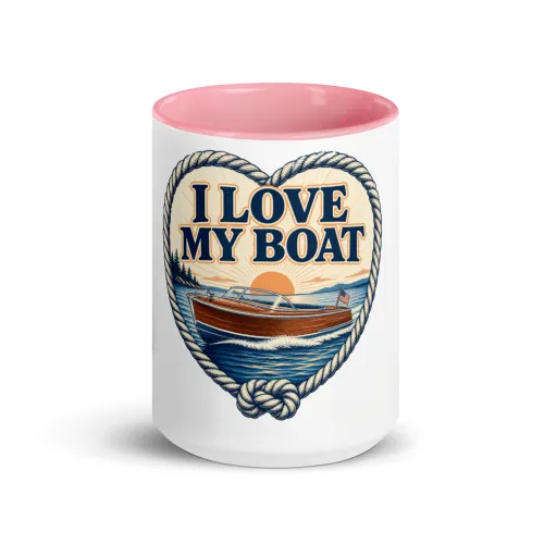 Color Inside Boat Mug, I Love My Boat, Vintage Badge - 15 oz - Pink