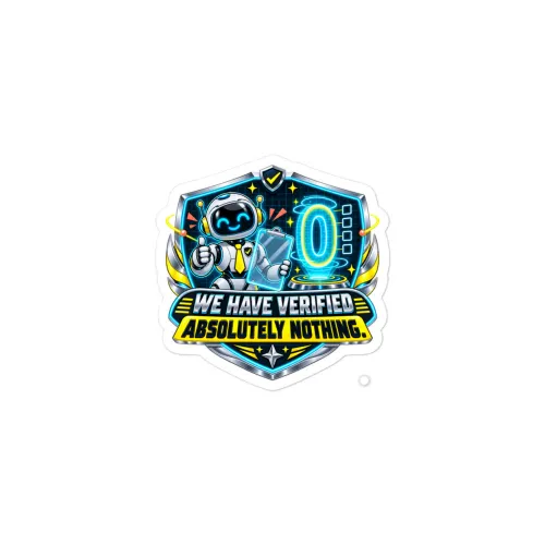 We Have Verified Absolutely Nothing. - Funny AI Vinyl Sticker, Design B - 3″×3″ - White