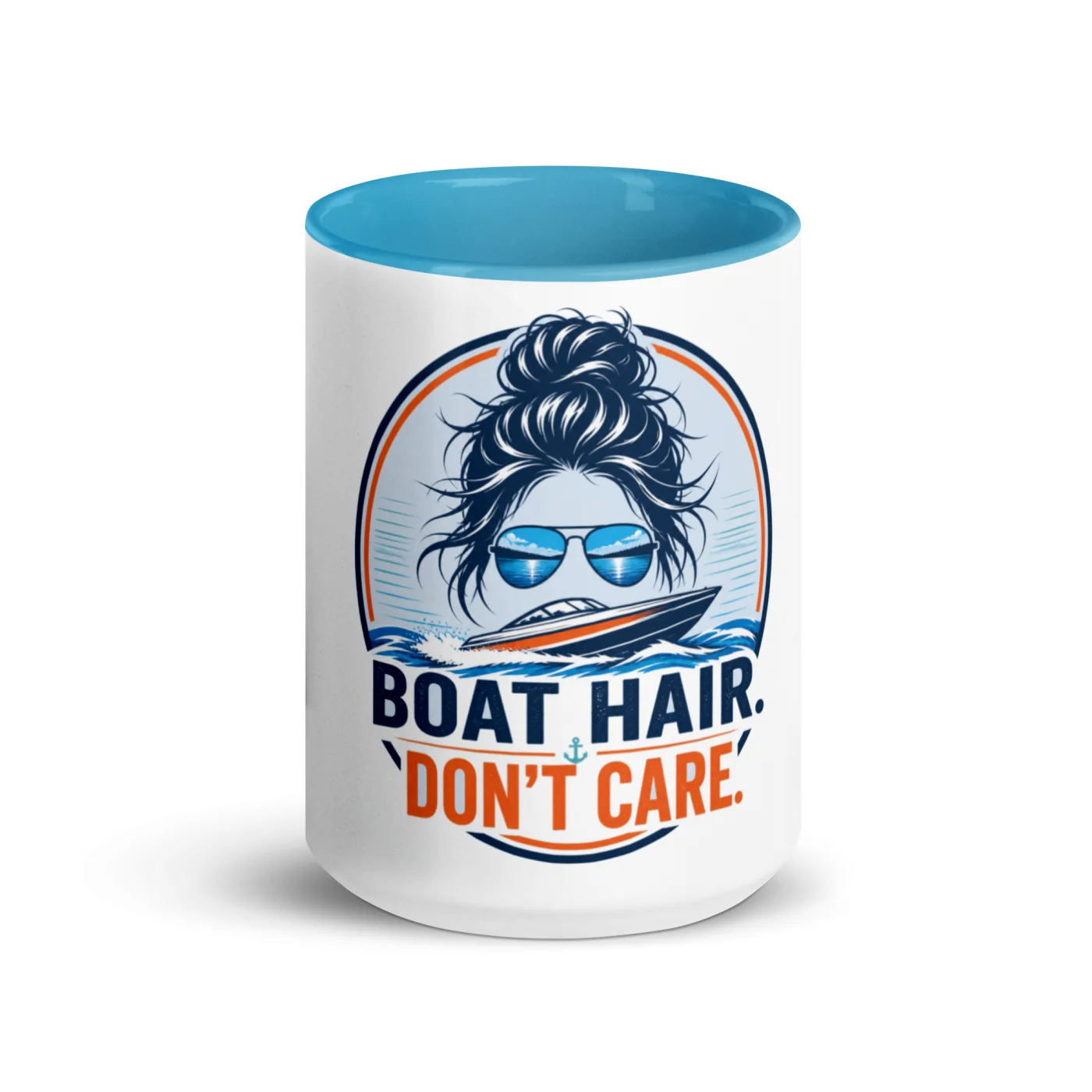 Color Inside Boat Mug, Boat Hair. Don't Care., Bold Emblem