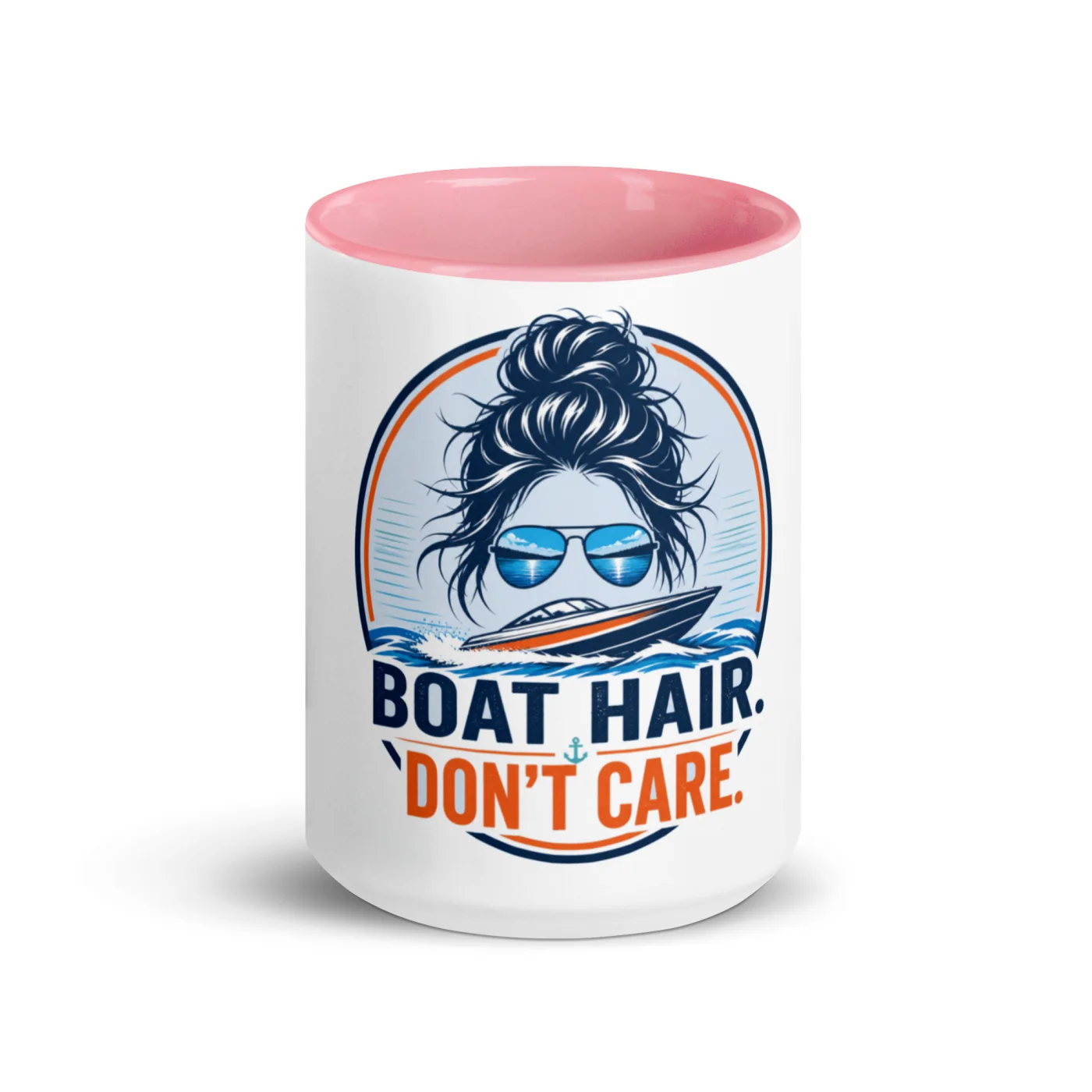 Color Inside Boat Mug, Boat Hair. Don't Care., Bold Emblem