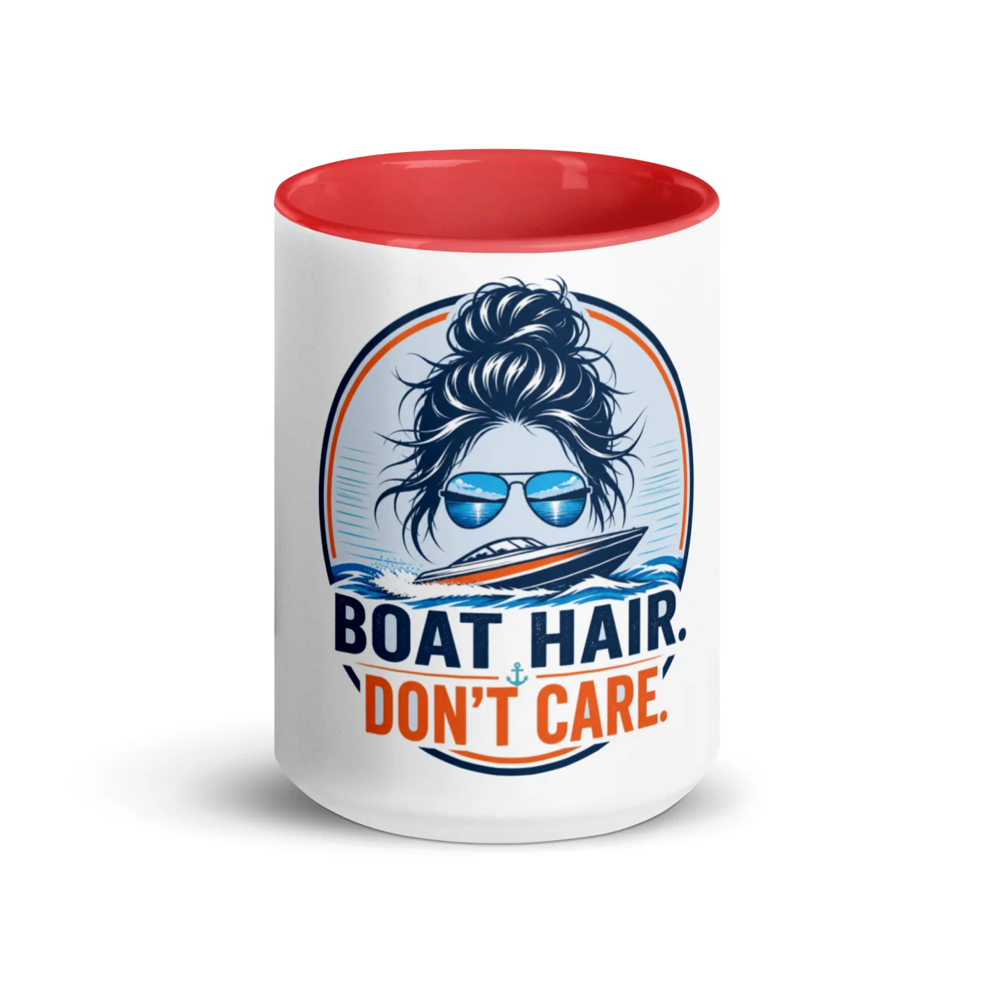Color Inside Boat Mug, Boat Hair. Don't Care., Bold Emblem