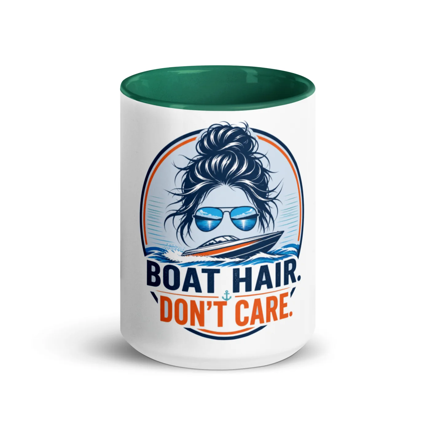 Color Inside Boat Mug, Boat Hair. Don't Care., Bold Emblem