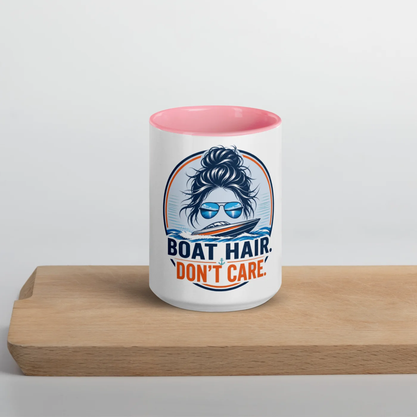 Color Inside Boat Mug, Boat Hair. Don't Care., Bold Emblem