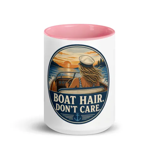 Color Inside Boat Mug, Boat Hair. Don't Care., Vintage Badge - 15 oz - Pink