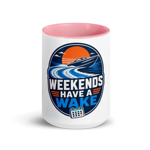 Color Inside Boat Mug, Weekends Have a Wake, Bold Emblem - 15 oz - Pink