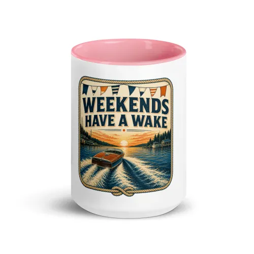 Color Inside Boat Mug, Weekends Have a Wake, Vintage Badge - 15 oz - Pink