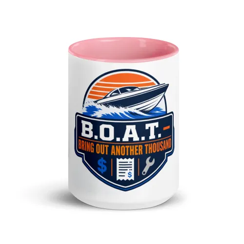 Color Inside Boat Mug, B.O.A.T. - Bring Out Another Thousand, Bold Emblem - 15 oz - Pink