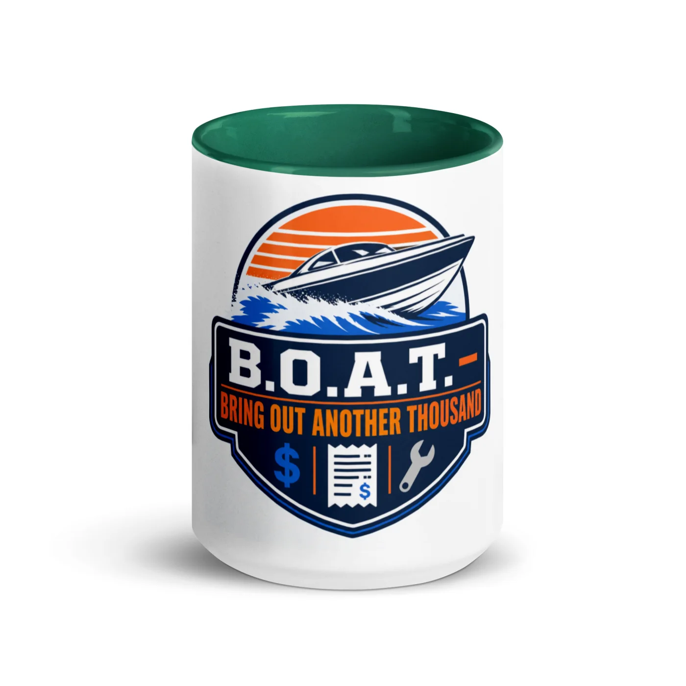 Color Inside Boat Mug, B.O.A.T. - Bring Out Another Thousand, Bold Emblem