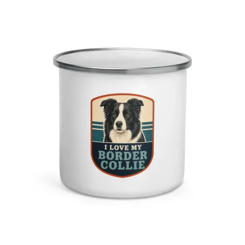 Enamel Camp Mug, Border Collie Gift: I Love My Border Collie - 12 oz - White