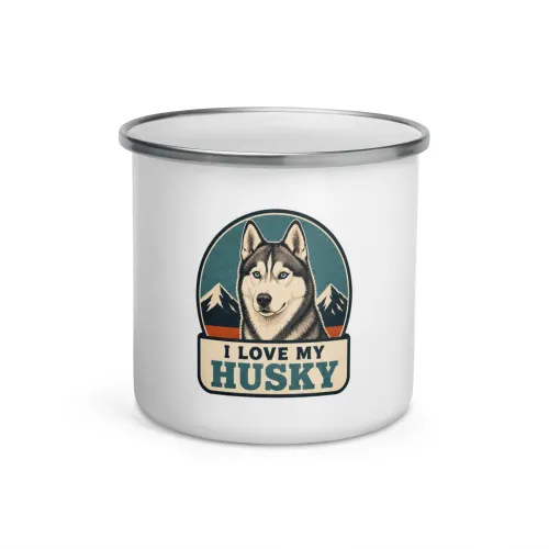 Enamel Camp Mug, Husky Gift: I Love My Husky - 12 oz - White