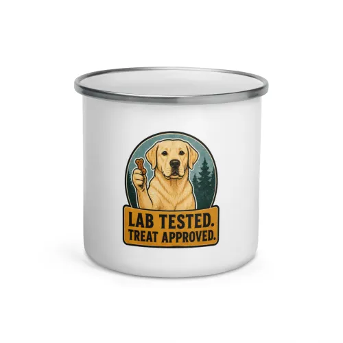 Enamel Camp Mug, Labrador Gift: Lab Tested. Treat Approved. - 12 oz - White