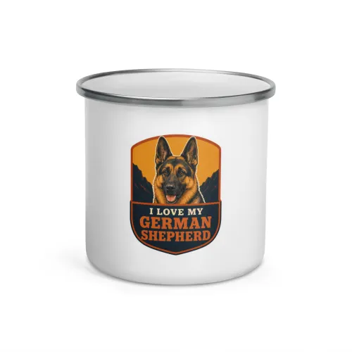 Enamel Camp Mug, German Shepherd Gift: I Love My German Shepherd - 12 oz - White