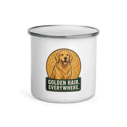 Enamel Camp Mug, Golden Retriever Gift: Golden Hair. Everywhere. - 12 oz - White