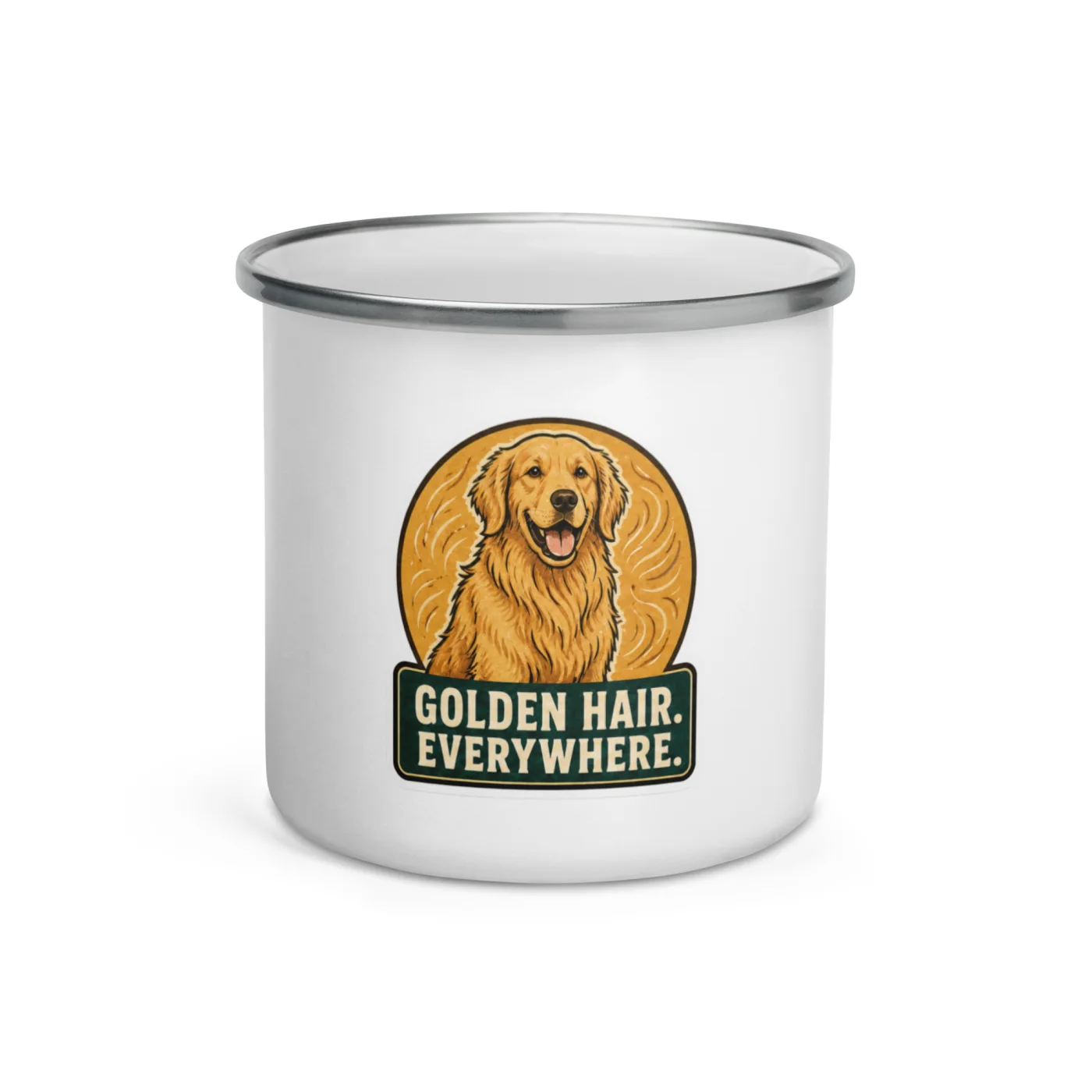 Enamel Camp Mug, Golden Retriever Gift: Golden Hair. Everywhere.