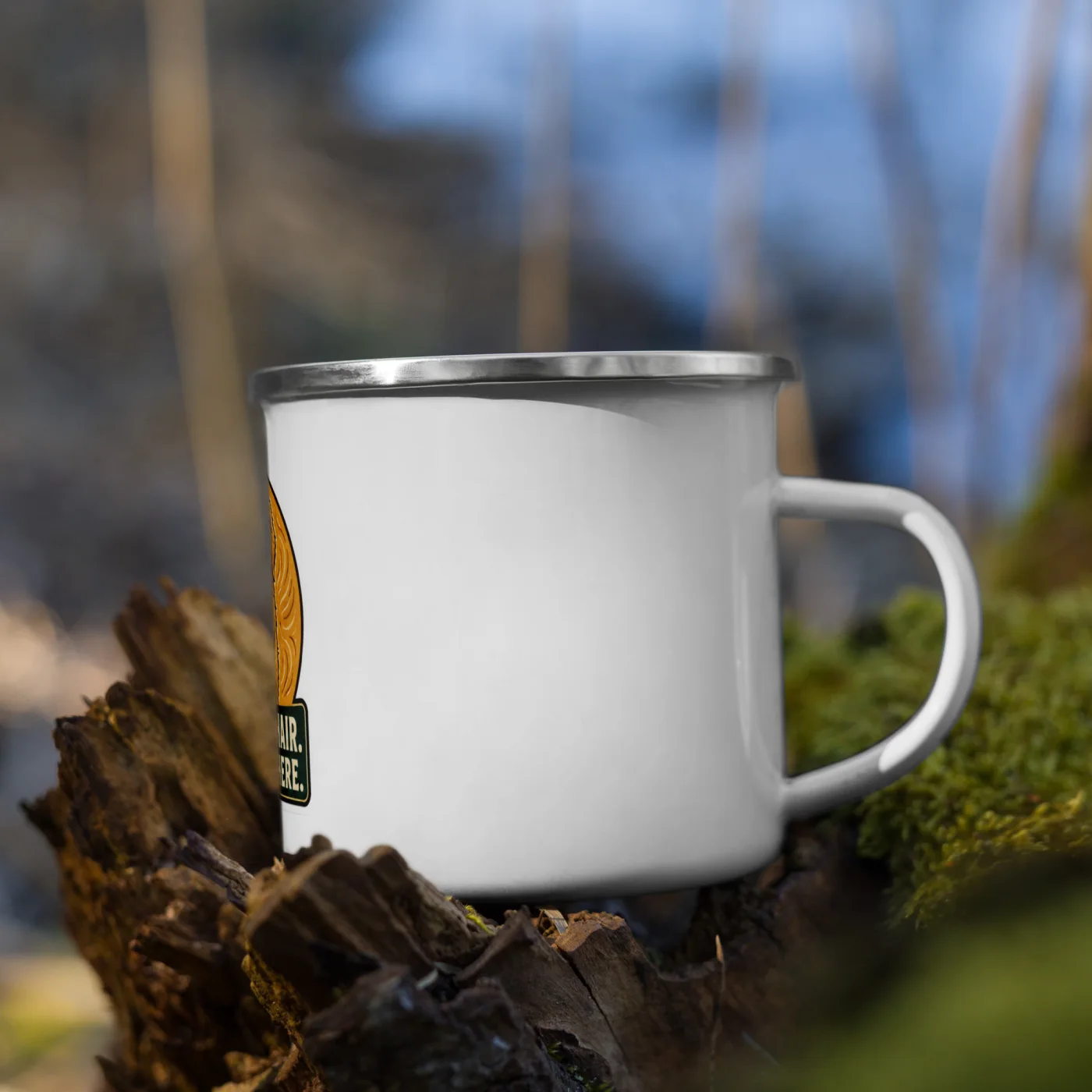 Enamel Camp Mug, Golden Retriever Gift: Golden Hair. Everywhere.
