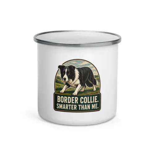 Enamel Camp Mug, Border Collie Gift: Border Collie. Smarter Than Me. - 12 oz - White