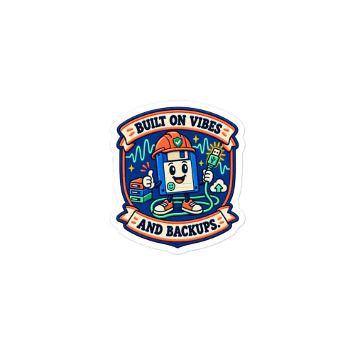 Built on Vibes and Backups - Funny AI Vinyl Sticker, Design B - 3″×3″ - White