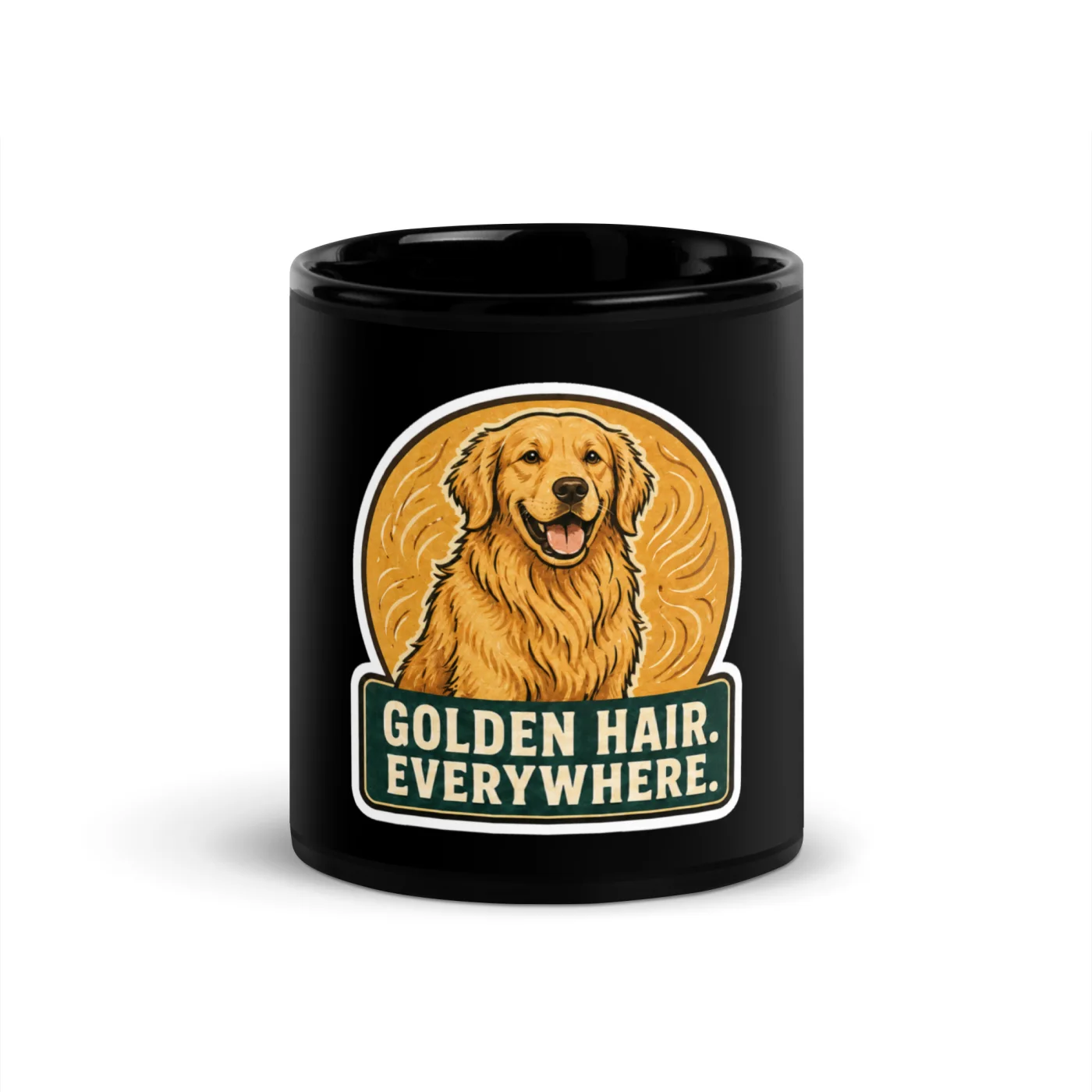 Black Coffee Mug, Golden Retriever Gift: Golden Hair. Everywhere.