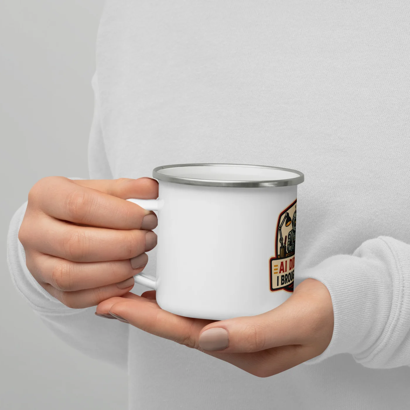 Enamel Camp Mug, Coffee Robot: AI Did the Work I Brought the Coffee