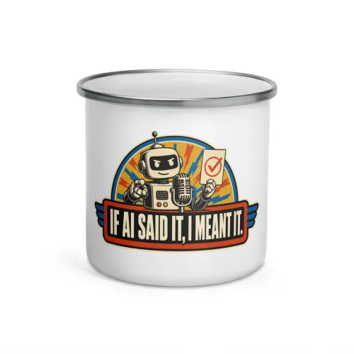 Enamel Camp Mug, Podium Robot: If AI Said It, I Meant It - 12 oz - White