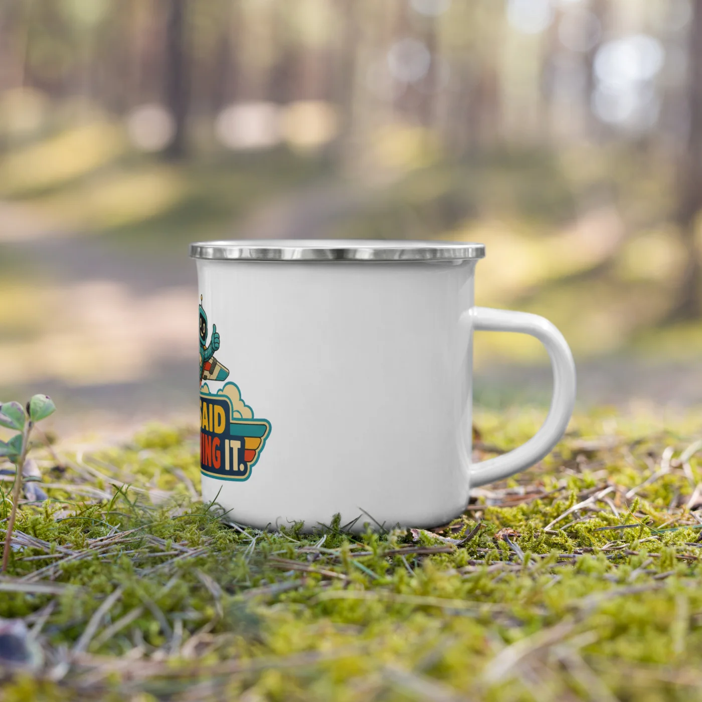 Enamel Camp Mug, Flying Robot: My AI Said We Can Wing It
