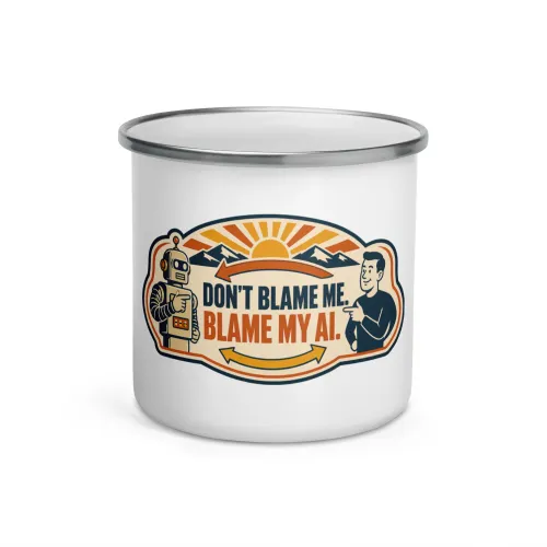 Enamel Camp Mug, Arrow Robot: Don't Blame Me Blame My AI - 12 oz - White