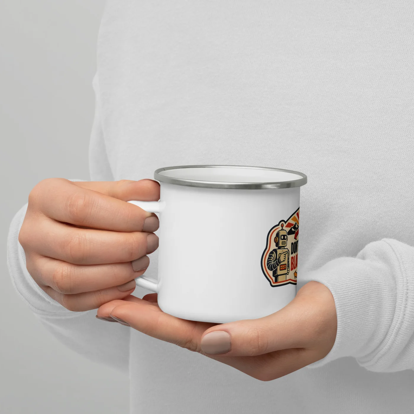 Enamel Camp Mug, Arrow Robot: Don't Blame Me Blame My AI