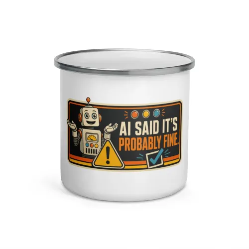 Enamel Camp Mug, Warning Robot: AI Said It's Probably Fine - 12 oz - White
