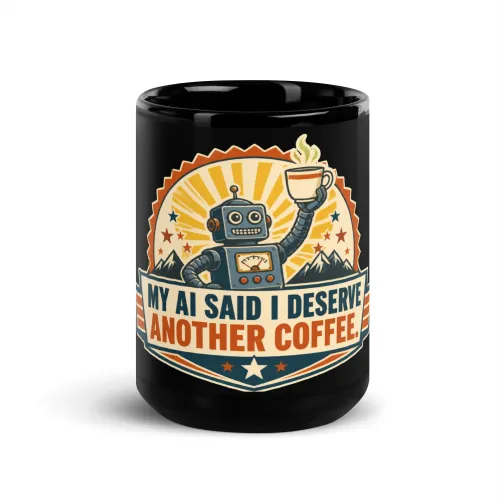 Black Coffee Mug, Coffee Award Robot, My AI Said I Deserve Another Coffee - 15 oz - Black