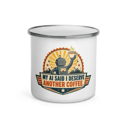 Enamel Camp Mug, Coffee Award Robot: My AI Said I Deserve Another Coffee - 12 oz - White