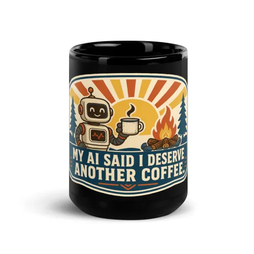 Black Coffee Mug, Camp Coffee Robot, My AI Said I Deserve Another Coffee - 15 oz - Black