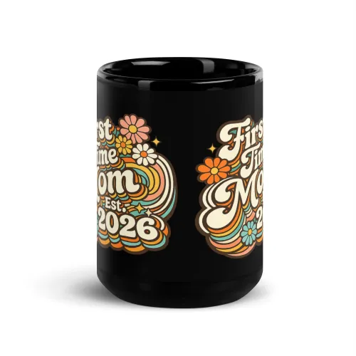 Black Glossy Mug, First Time Mom 2026 Mug, Mom Est 2026 Gift, New Mom Mug, Baby Shower Gift, Retro Mom Mug, Pregnancy Announcement Gift, Cute Mom Mug - 15 oz - Black