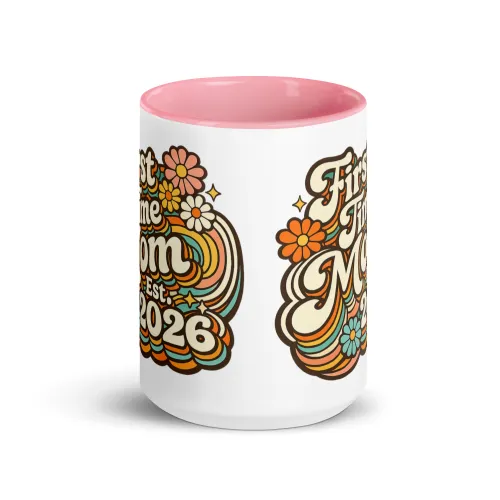 First Time Mom 2026 Mug, Mom Est 2026 Gift, New Mom Mug, Baby Shower Gift, Retro Mom Mug, Pregnancy Announcement Gift, Color Inside Mug - 15 oz - Pink
