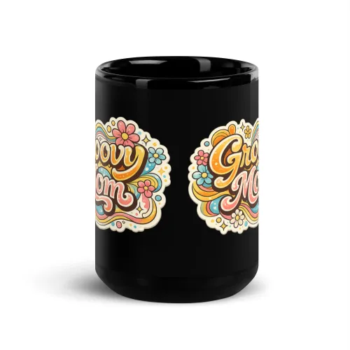 Black Glossy Mug, Groovy Mom Mug, Retro Mom Mug Gift, Vintage Mom Coffee Mug, Mother’s Day Gift, Cool Mom Mug, Trendy Mom Gift, Cute Mom Mug - 15 oz - Black